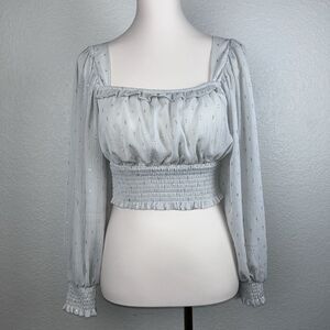 By The River Womens Gray Sheer Squared Neck Gold Speckle Crop Smocking Top small